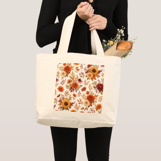 ヴィンテージの秋の花柄 ひまわり ラージトートバッグ (正面(商品))