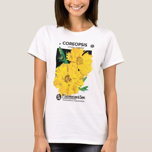 ヴィンテージの種パケットアート、黄色のコレオプシスの花 Tシャツ (正面)