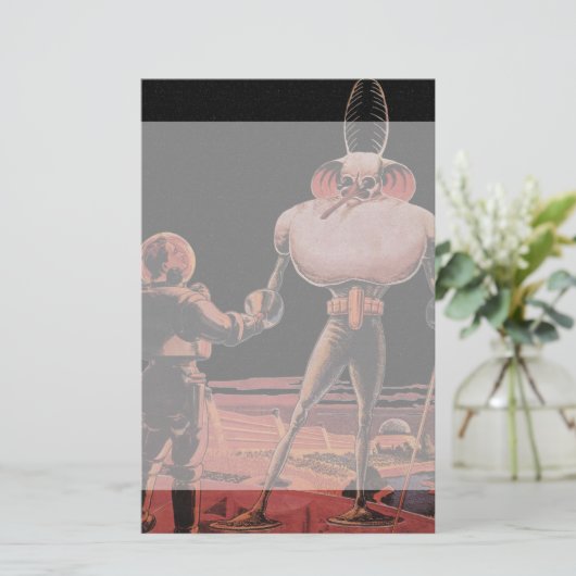 ヴィンテージの空想科学小説の宇宙飛行士の振動手のエイリアン 便箋 (スタンド正面)