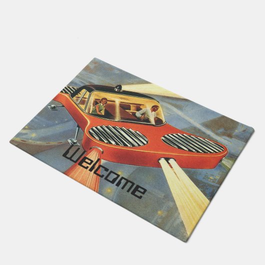 ヴィンテージの空想科学小説の未来派の飛んでいるな車 ドアマット (アングル)