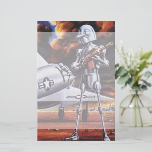 ヴィンテージの空想科学小説の軍のロボット兵士 便箋 (スタンド正面)