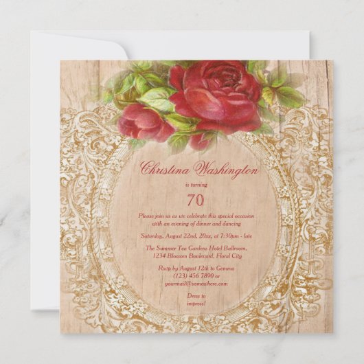 ヴィンテージの第70誕生日の赤いバラの木フレーム 招待状 (裏面)
