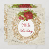 ヴィンテージの第90誕生日の赤いバラフレーム音楽シート 招待状 (正面/裏面)