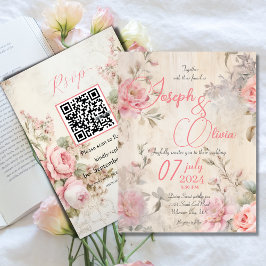 ヴィンテージの粗末なシックなピンクとrsvp qr結婚s 招待状