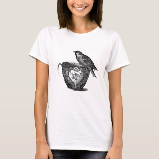 ヴィンテージの粗末なシックな鳥とティーカップTシャツ Tシャツ (正面)