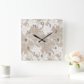 ヴィンテージの粗野な国ベージュのバーラップと白いレース スクエア壁時計 (ホーム)