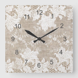 ヴィンテージの粗野な国ベージュのバーラップと白いレース スクエア壁時計