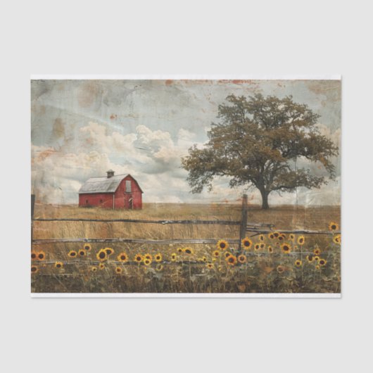 ヴィンテージの納屋と木の風景絵画のデコペ 薄葉紙 (正面)