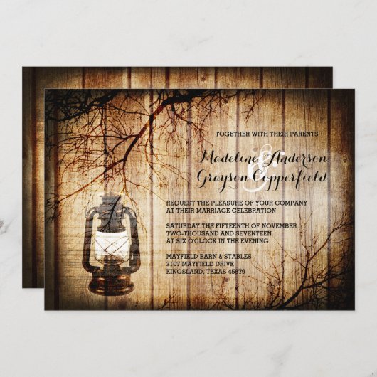 ヴィンテージの納屋の木製のランタンの結婚式招待状 招待状 (正面/裏面)