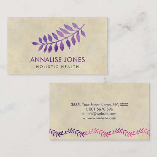 ヴィンテージの紙の紫色の水彩画の葉 名刺 (正面/裏面)