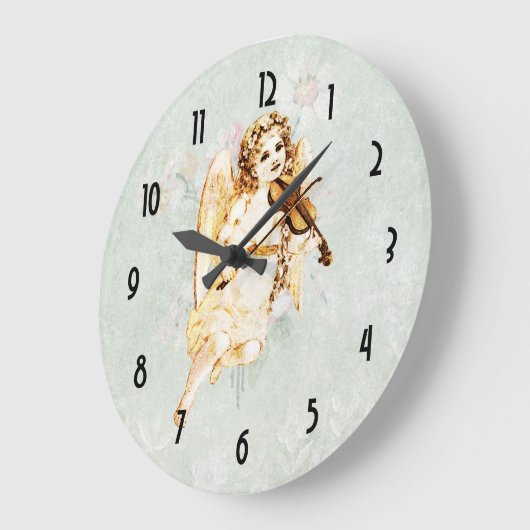 ヴィンテージの紙の背景のバイオリンを演奏する天使 ラージ壁時計 (傾斜)