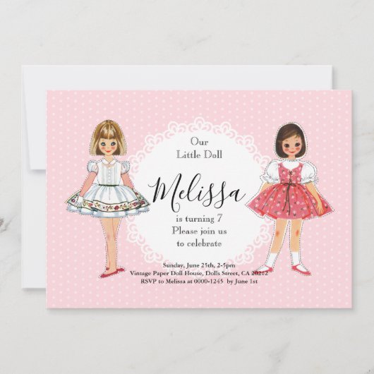 ヴィンテージの紙人形の誕生日パーティー招待状 招待状 (正面)
