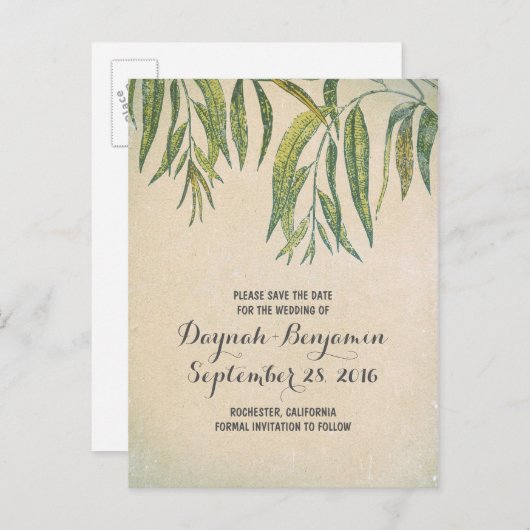 ヴィンテージの素朴なガムの木の葉は日付を保存 案内ポストカード (正面/裏面)