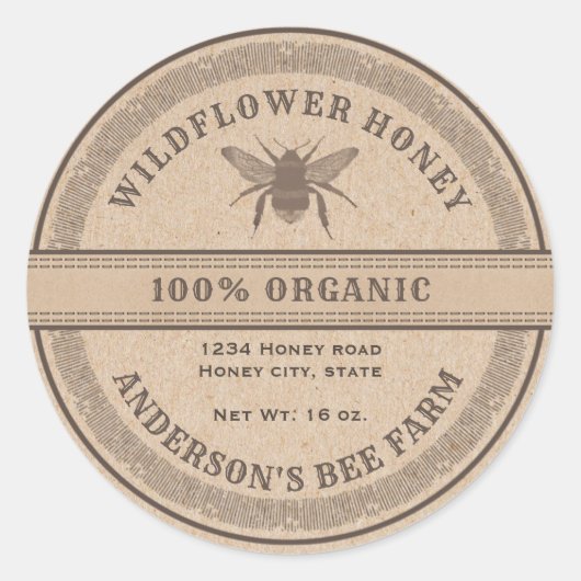 ヴィンテージの素朴なクラフト蜂のハニージャレーベル ラウンドシール (正面)