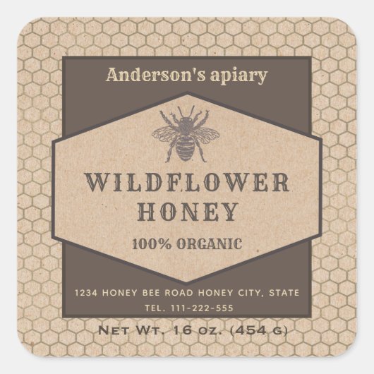 ヴィンテージの素朴なクラフト蜂蜜の瓶ラベル スクエアシール (正面)