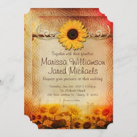 ヴィンテージの素朴なヒマワリの国の結婚式の招待 招待状 (正面/裏面)