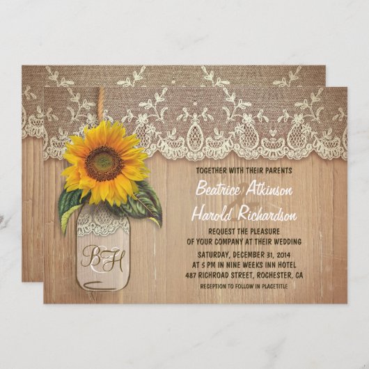 ヴィンテージの素朴なヒマワリ結婚のメイスン 招待状 (正面/裏面)