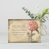 ヴィンテージの素朴なピンクの牡丹で日付カードを保存 セーブザデート (スタンド正面)