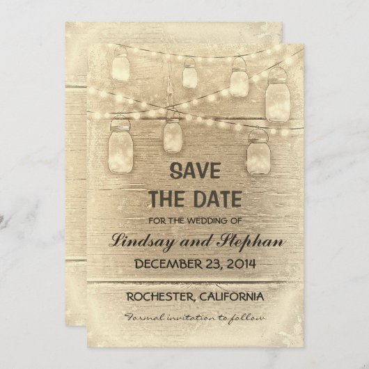 ヴィンテージの素朴なメイソンの瓶は日付カードを保存 セーブザデート (正面/裏面)