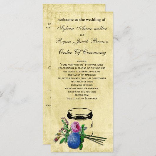 ヴィンテージの素朴なメーソンの瓶結婚式 プログラム (正面/裏面)