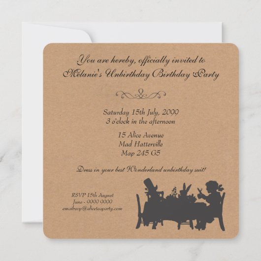 ヴィンテージの素朴な気違いの帽子屋のお茶会の誕生日 招待状 (裏面)