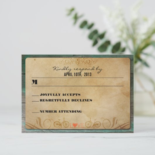 ヴィンテージの素朴な自転車のターコイズ木RSVP 出欠カード (スタンド正面)