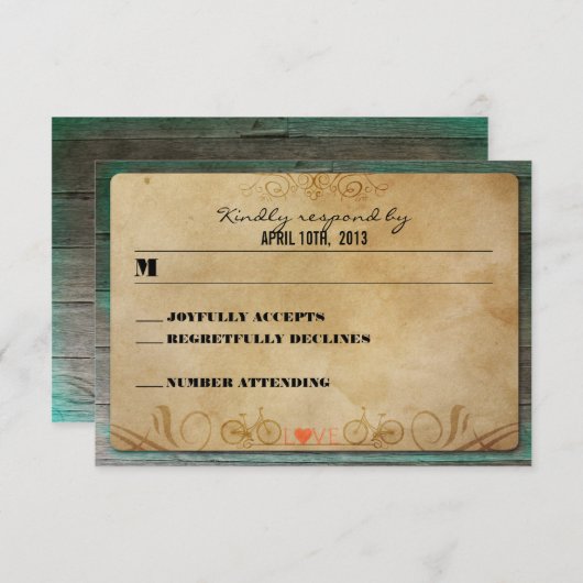 ヴィンテージの素朴な自転車のターコイズ木RSVP 出欠カード (正面/裏面)