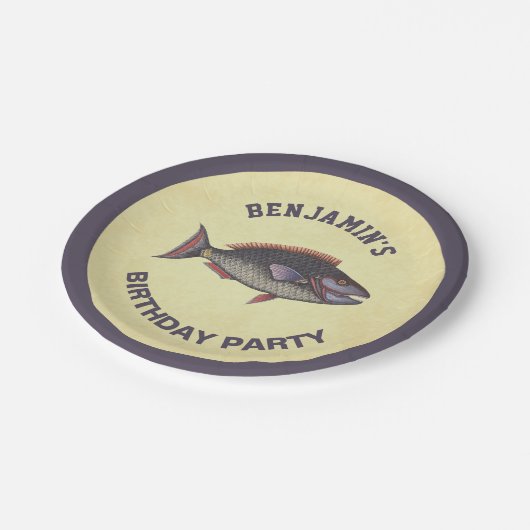 ヴィンテージの素朴な魚釣りの誕生会 ペーパープレート (アングル)