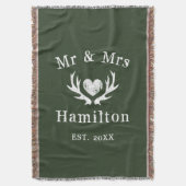 ヴィンテージの素朴な鹿の角の人とミセス・ハンター・グリーン スローブランケット (正面縦)