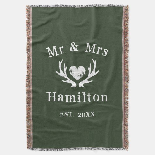 ヴィンテージの素朴な鹿の角の人とミセス・ハンター・グリーン スローブランケット (正面縦)