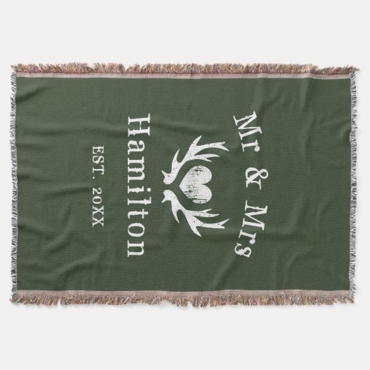 ヴィンテージの素朴な鹿の角の人とミセス・ハンター・グリーン スローブランケット (正面)