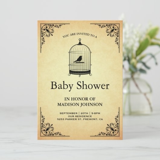 ヴィンテージの素朴みすぼらしいシックな鳥かご赤ちゃんシャワー 招待状 (スタンド正面)