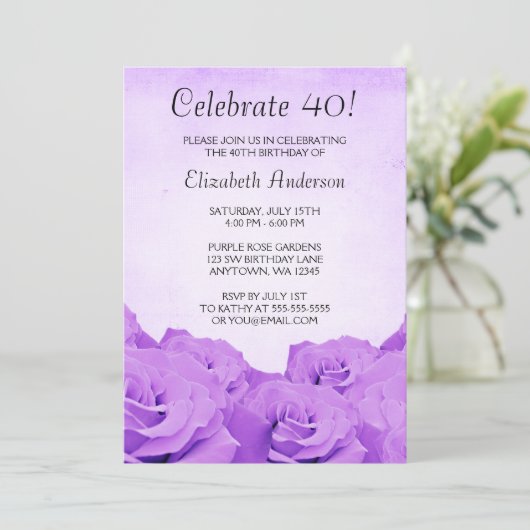 ヴィンテージの紫色のバラの第40誕生日の招待状 招待状 (スタンド正面)