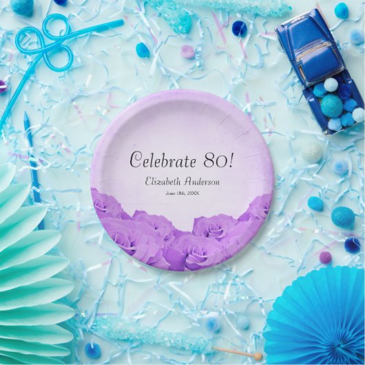 ヴィンテージの紫色のバラの第80誕生会 ペーパープレート (パーティー)