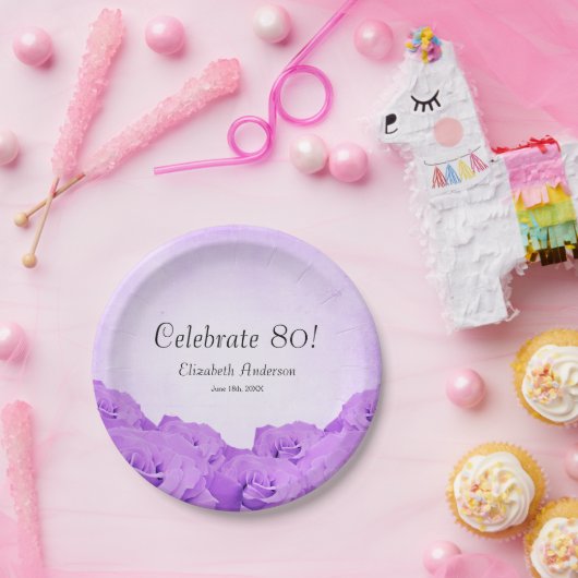 ヴィンテージの紫色のバラの第80誕生会 ペーパープレート (パーティー)