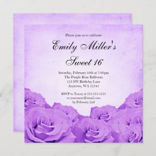 ヴィンテージの紫色のバラの菓子16の誕生会 招待状 (正面/裏面)