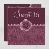 ヴィンテージの紫色のバラ、真珠及びレースの菓子16 招待状 (正面/裏面)