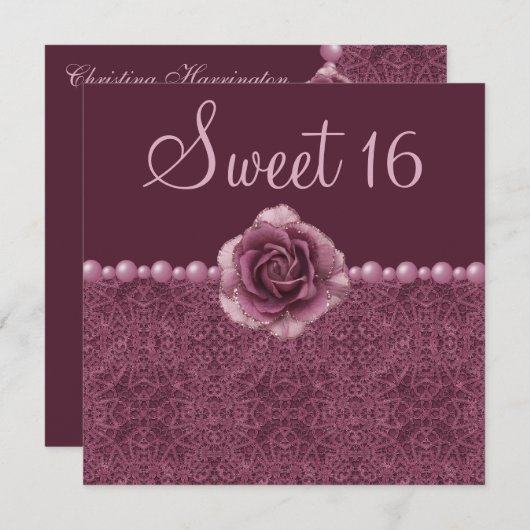 ヴィンテージの紫色のバラ、真珠及びレースの菓子16 招待状 (正面/裏面)