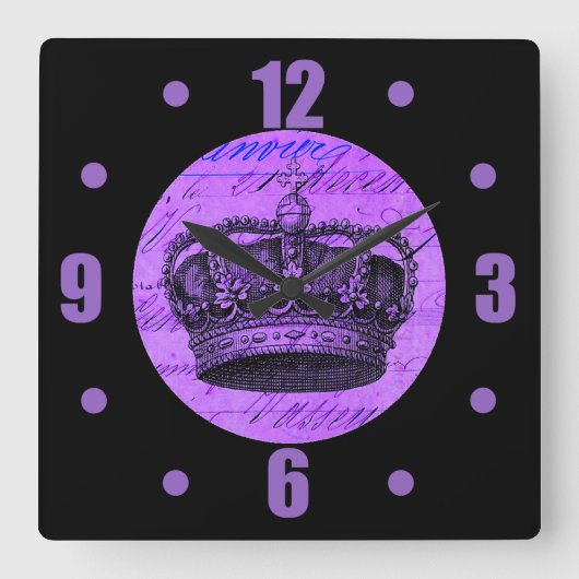 ヴィンテージの紫色の王室のでフランスのな王冠のコラージュ スクエア壁時計 (正面)