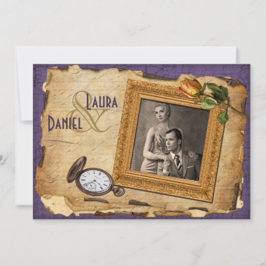 ヴィンテージの紫色の金ゴールドフレームの写真の結婚式の招待II 招待状 (正面)