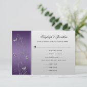 ヴィンテージの紫色の銀製の花の蝶RSVP 出欠カード (スタンド正面)