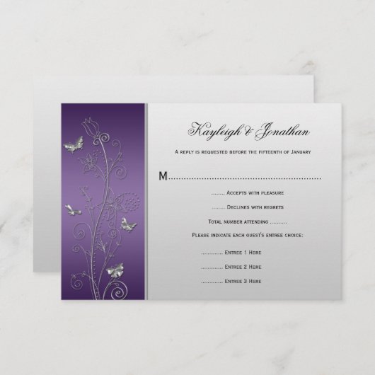ヴィンテージの紫色の銀製の花の蝶RSVP 出欠カード (正面/裏面)