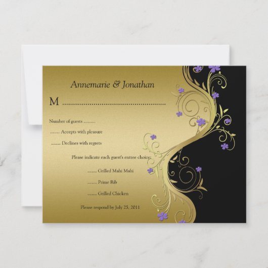 ヴィンテージの紫色の黒および金ゴールドの花柄RSVP 出欠カード (正面)