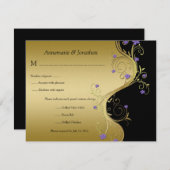 ヴィンテージの紫色の黒および金ゴールドの花柄RSVP 出欠カード (正面/裏面)