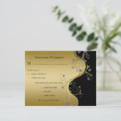 ヴィンテージの紫色の黒および金ゴールドの花柄RSVP 出欠カード (スタンド正面)