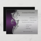 ヴィンテージの紫色の黒く、銀製の花柄RSVP 出欠カード (正面/裏面)