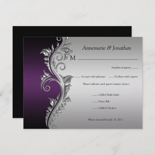ヴィンテージの紫色の黒く、銀製の花柄RSVP 出欠カード (正面/裏面)
