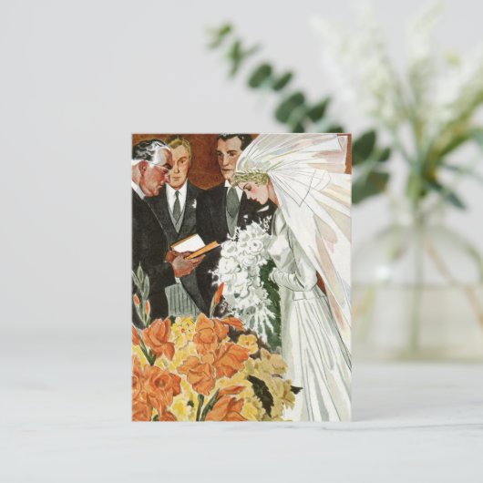 ヴィンテージの結婚式の儀式と花嫁と花婿 ポストカード (スタンド正面)