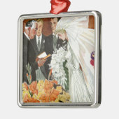 ヴィンテージの結婚式の儀式と花嫁と花婿 メタルオーナメント (左)