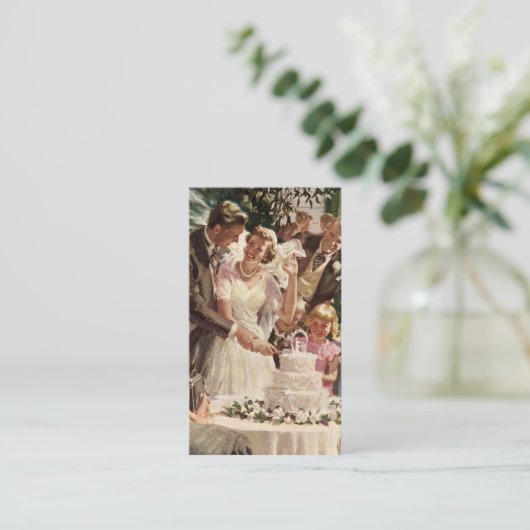 ヴィンテージの結婚式の新郎新婦ケーキを切る エンクロージャーカード (スタンド正面)